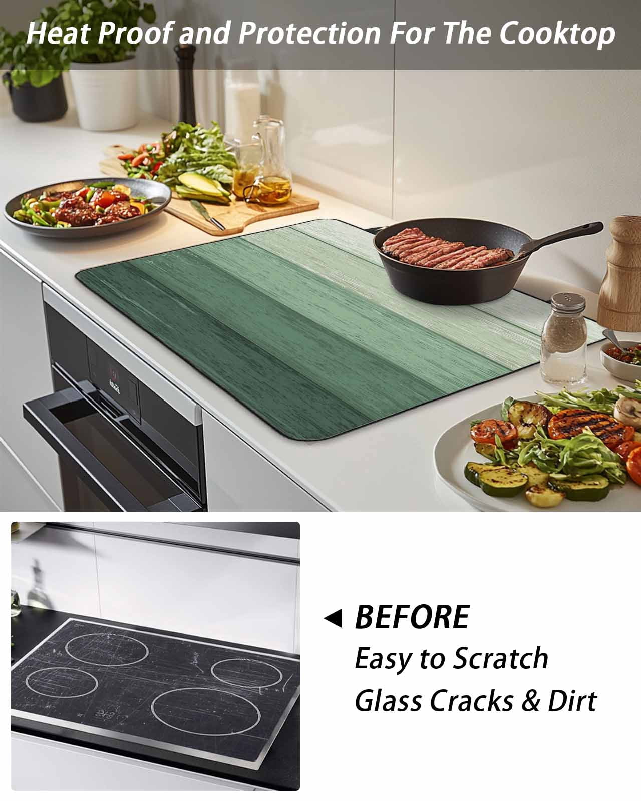 Stove Top Covers for Electric Stove, Turquoise Ombre Glass Stovetop Cover Protector, Farmhouse Vintage Wooden Striped Induction Cooktop Protector Oven Mat for Kitchen Countertop 24"x21"
