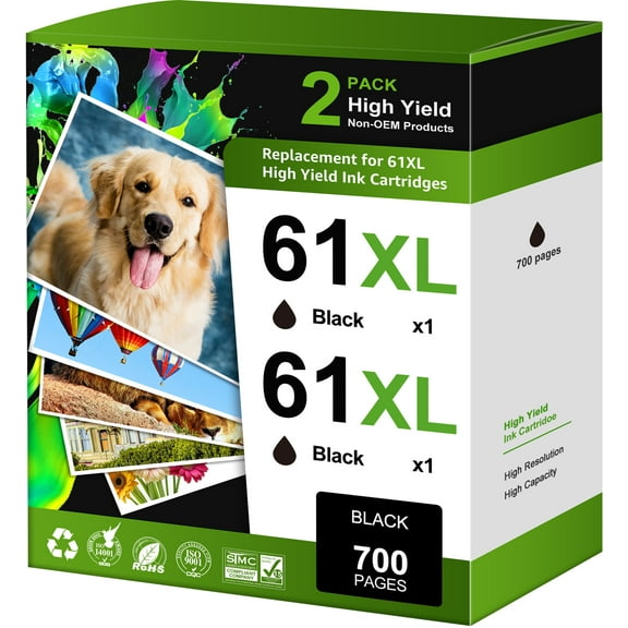 61 Black Ink Cartridge Compatible for HP 61 Black Ink HP Ink 61 for HP Envy 4500 5530 Officejet 4630 Deskjet 2541(Black, 2-Pack)