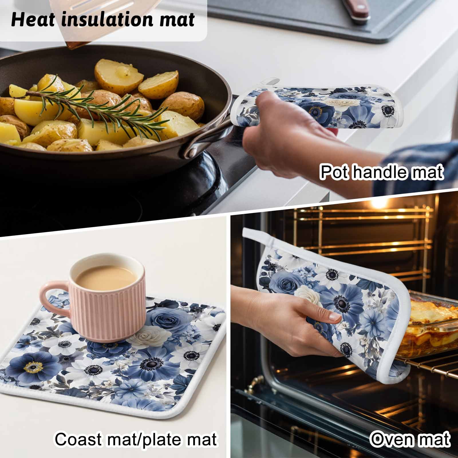 Blue Flower Pot Holders for Kitchen Heatproof Potholder, 5 Pack Vintage Ink Rose Floral Spring Botanical Hot Pads Multipurpose Oven Pads Cloth Potholders Trivet for Cooking Baking