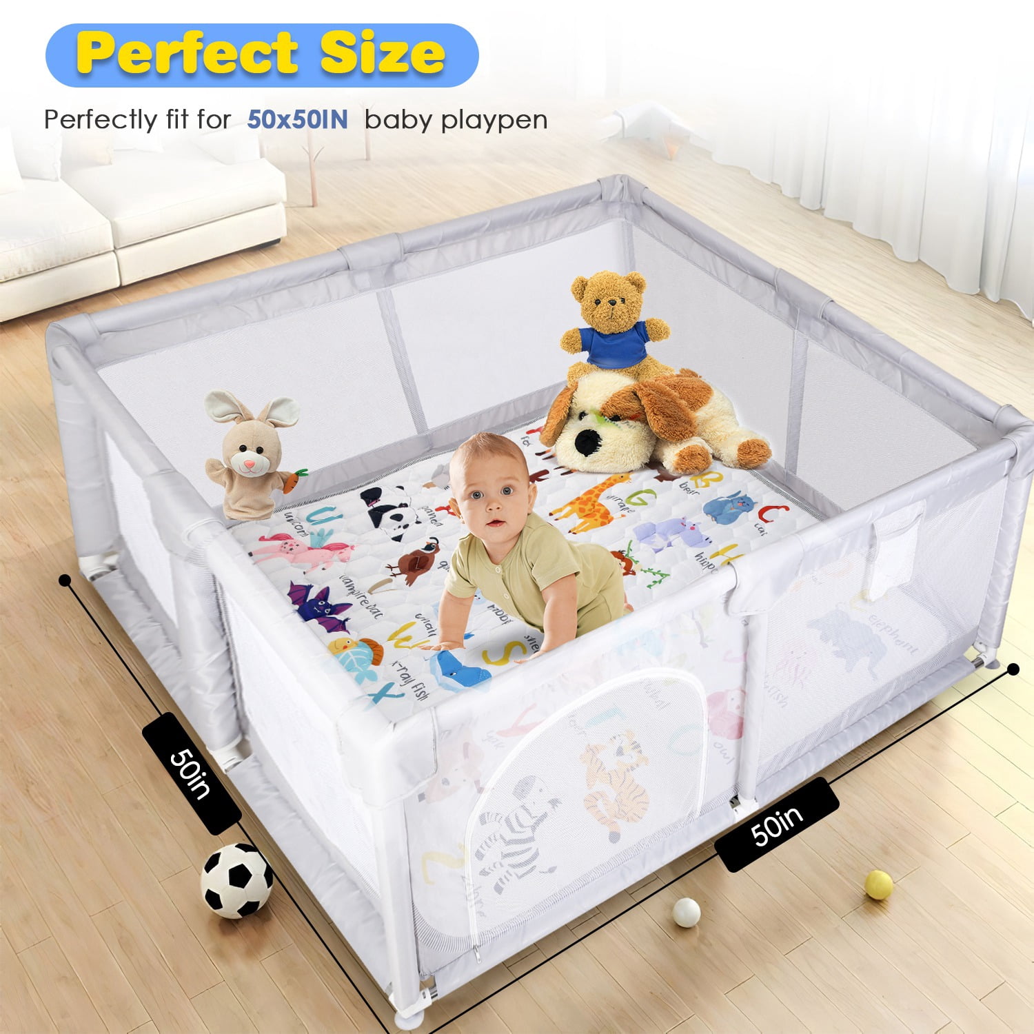 Non-Slip Baby Play Mat TeqHome 50x50" Foldable Playpen Mat Machine Washable Baby Crawling Mat for Babies Toddler Play Tummy Time (S, Animal)