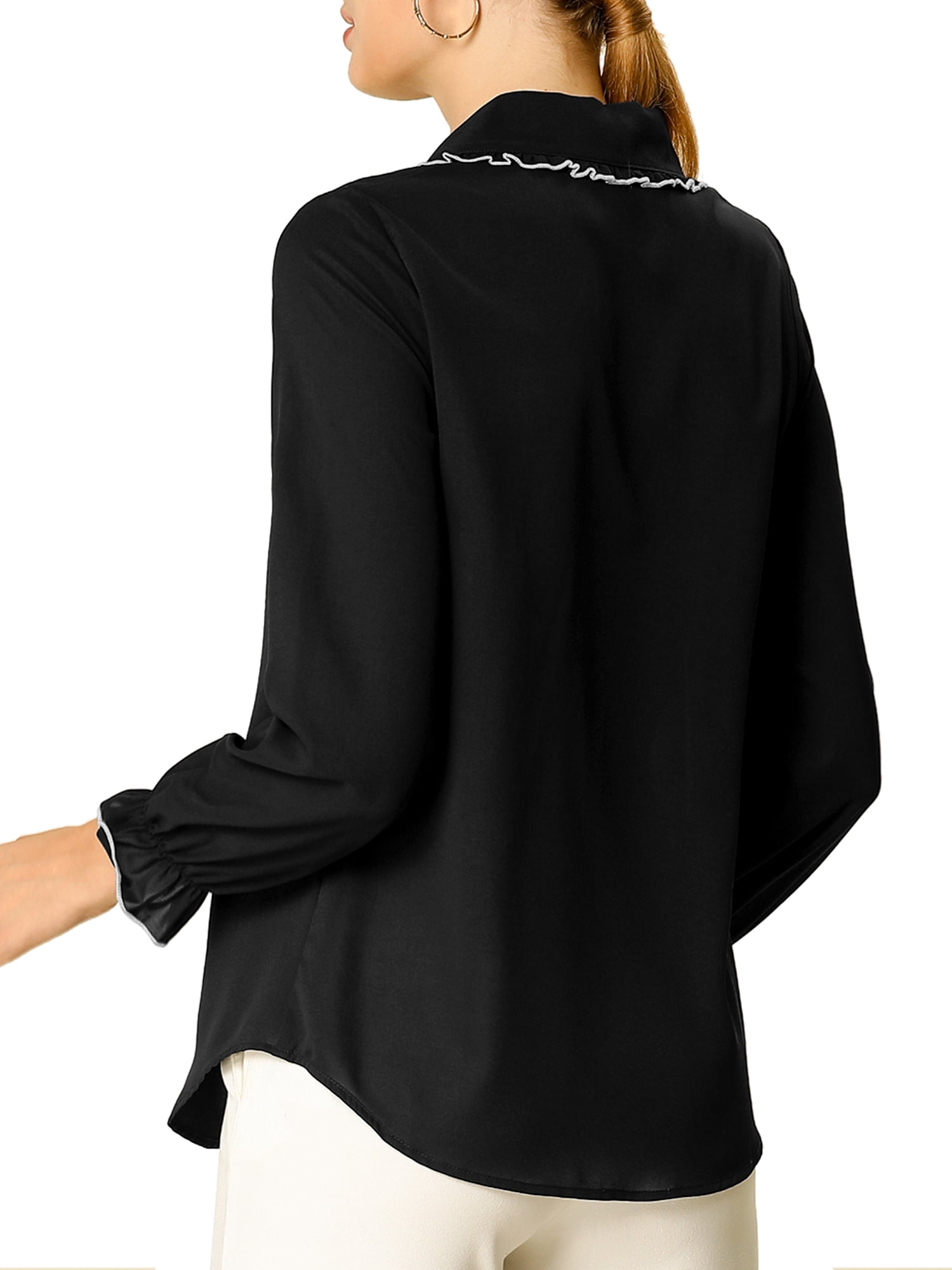 DARING DIVA Women's Peter Pan Collar Ruffle Long Sleeve Shirt M Black