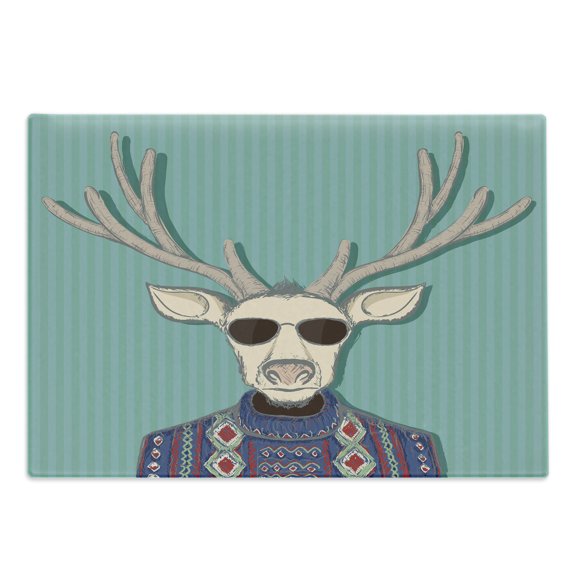 Hipster Cutting Board, Colorful Drawing of Anthropomorphic Deer with Sweater and Sunglasses on Stripes, Decorative Tempered Glass Cutting and Serving Board, in 3 Sizes, by Ambesonne