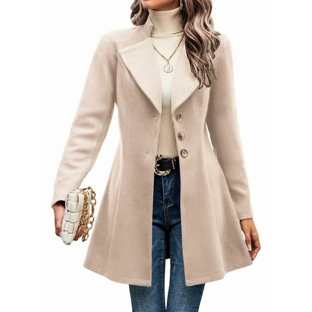 Abrigo de Invierno de Mezcla de Lana Color Camel para Mujer, Hasta la Rodilla, con Solapa y Muesca, Chaqueta de Abrigo con Botonadura Única Albaricoque XL