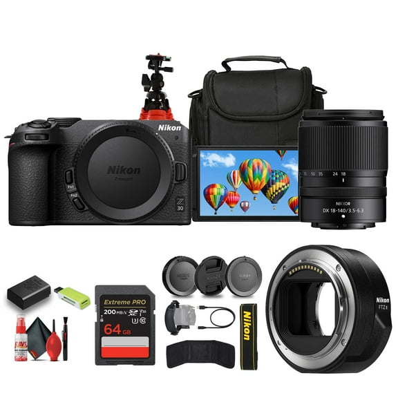 Nikon Z30 Mirrorless Camera 20.9MP with 18-140mm Lens Bundle 64GB Card Tripod Cleaning Kit FTZ II Adapter (International Model)