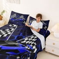 thumbnail image 3 of Erosebridal Speed Sports Car Queen Sheet Sets for Kids Boys, Neon Blue Honeycomb Bed Set, 1 Flat Sheet, 1 Fitted Sheet and 2 Pillowcases, 3 of 5