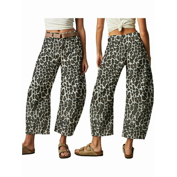 Jeans for Women Casual Mid Rise Leopard Printed Wide Leg Baggy Cropped Denim Trouser Ankle Pants Brown L