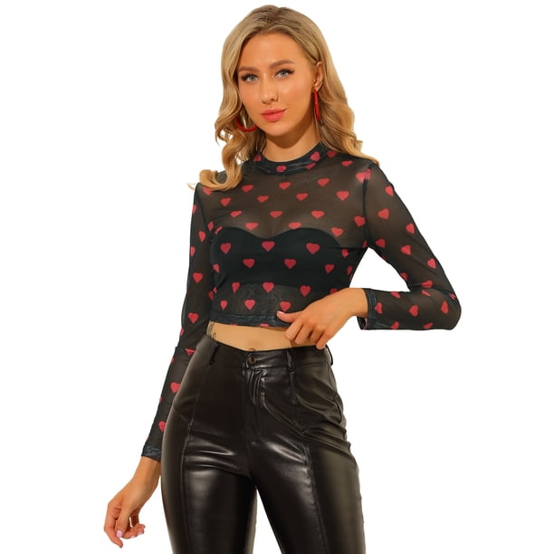 Blusa De Malla De Cuello Redondo Con Estampado De Corazón Semitransparente Para Mujer Negro XL