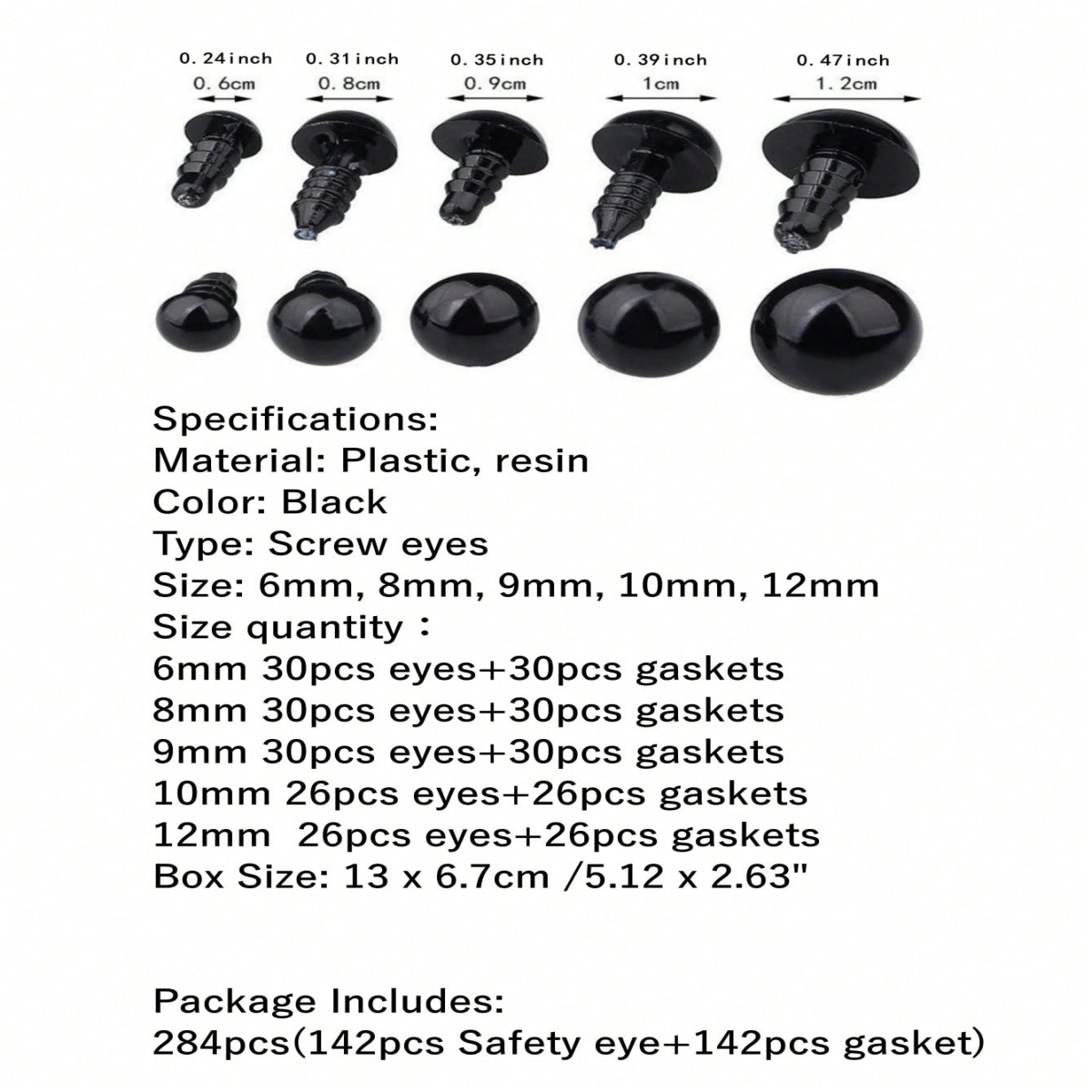 GEIWOGUO 284pcs 6-12mmPlastic Safety Eyes Craft Doll Black Eyes With Gaskets For DIY Crafts Stuffed Animals KnittingToy