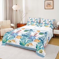 Feelyou Ocean Starfish Seahorse Twin Sheet Sets, Kawaii Cartoon Seashell Twin Fitted Sheet, Nautical Lighthouse Flat Sheet, Ultra Soft Bedroom Decor, 3 Pieces