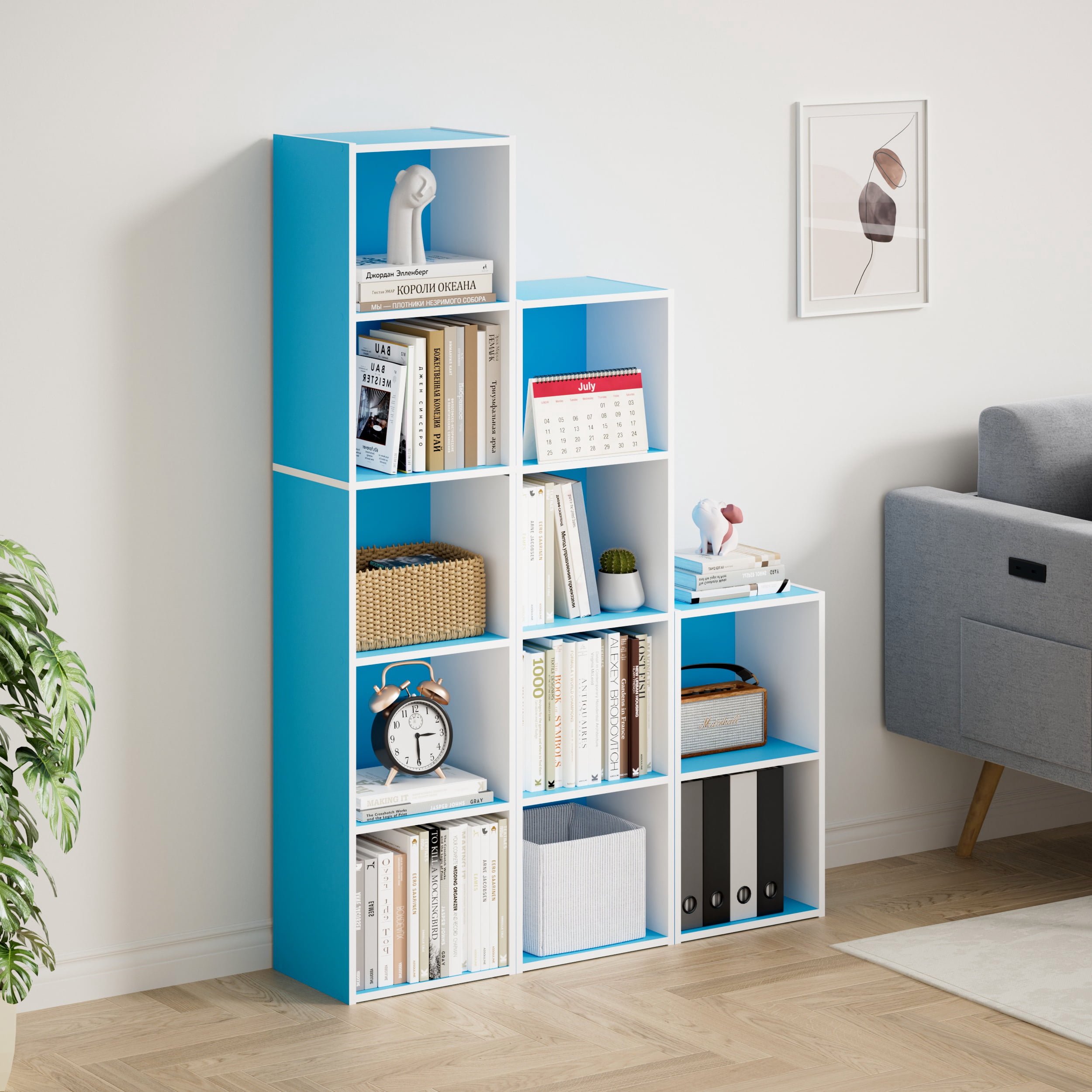 HOMLUX 9" x 12" x 42" Storage Shelf 4 Tier Cube Bookcase, Suitable for Small Space, White & Blue