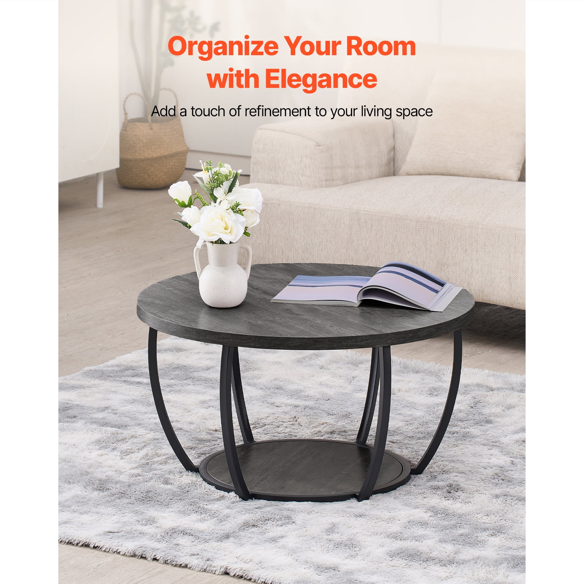 KFFKFF Round Coffee Table, Modern 2-Tier Wooden Center Table with Open Storage, Minimalist Design with Sturdy Metal Frame for Living Room or Office, Easy to Assemble, Grey