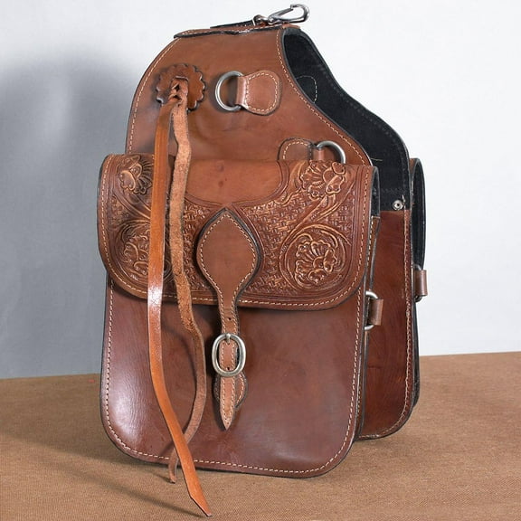 Horse Saddle Bag Cowhide Genuine Leather Western Equestrian Trail Simple Horse Saddle Bag Pack Equipment Horse Saddle Bags Size: 10” L x 10” W x 3 ½” D