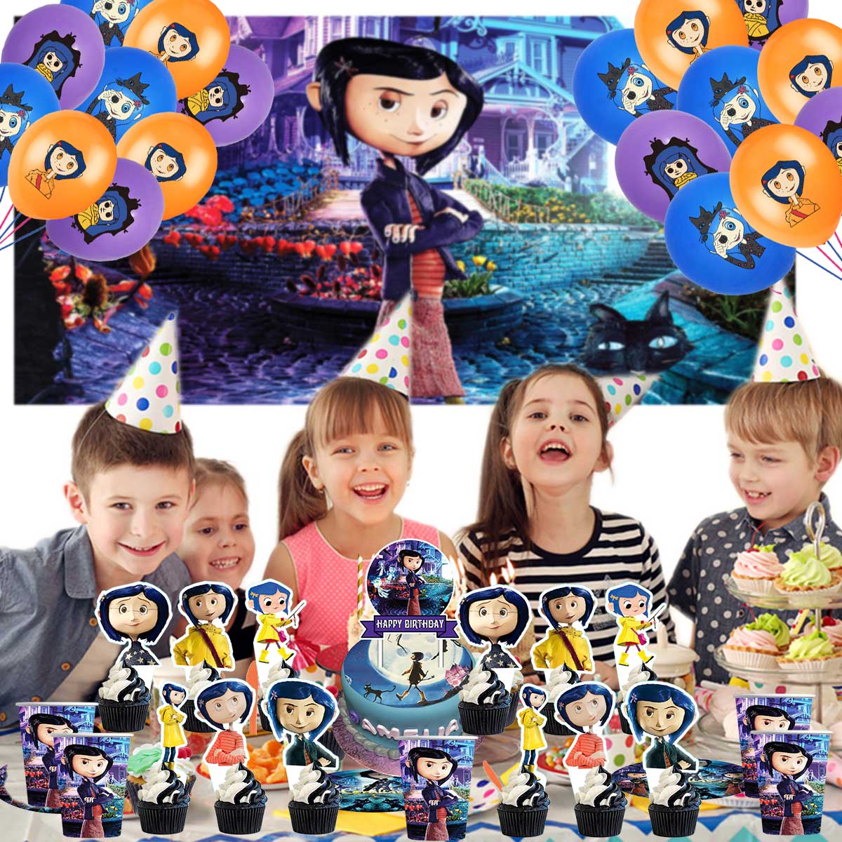 Coraline Birthday Cups Party Supplies Plates Fans Decorations Cake Topper Decor