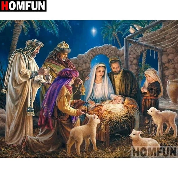 HOMFUN-Pintura de diamante 5D DIY "Pesebre de Navidad", bordado de diamantes de imitación, estilo punto de cruz 3D, decoración de hogar, escenario religioso, A27627