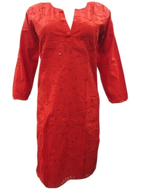 Mogul Womens Indian Tunic Cotton Floral Embroidered Bohemian Ethnic Kurti Red Long Kurta Dress Cover Up Beach Dresses