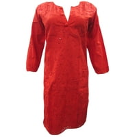 Mogul Womens Indian Tunic Cotton Floral Embroidered Bohemian Ethnic Kurti Red Long Kurta Dress Cover Up Beach Dresses
