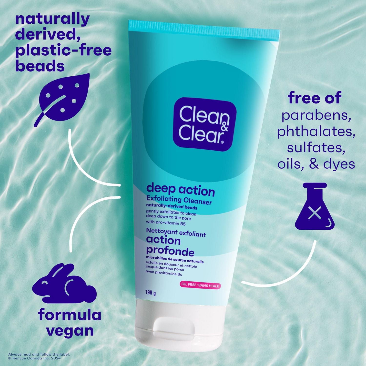 Clean & Clear Oil-Free Deep Action Exfoliating Cleanser with Pro-Vitamin B5, Gentle Exfoliating Daily Face Wash Cleans Deep for Soft, Smooth, Hydrated Skin, Paraben-Free, 198 g