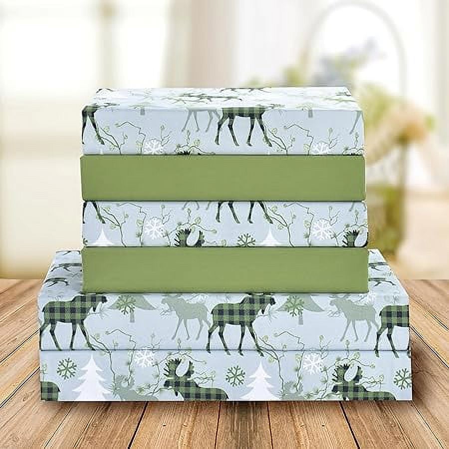 Holiday Pattern Microfiber Wrinkle and Fade Resistant (6-Piece) Bedding Set, Queen, Plaid Moose Green