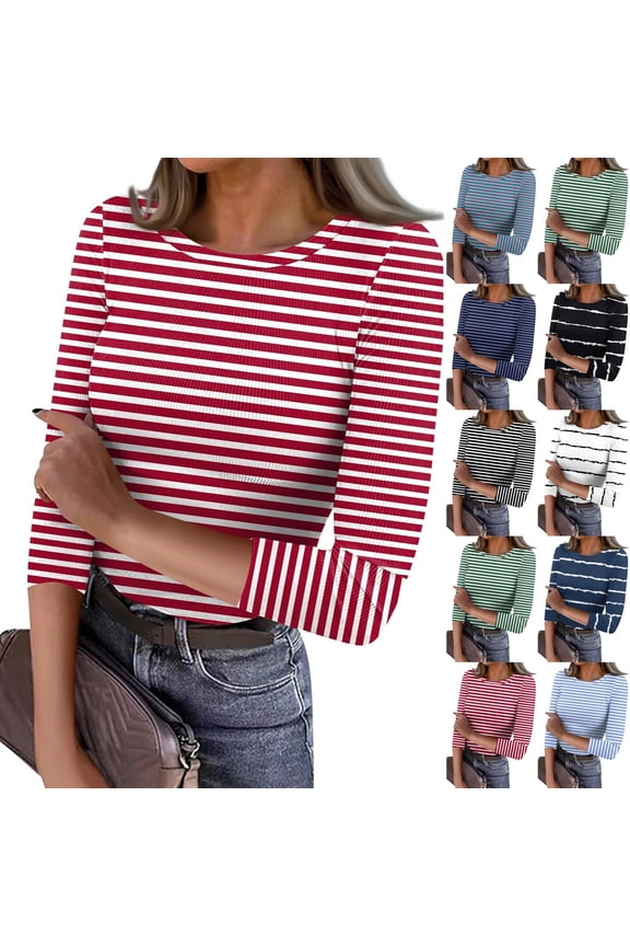 Women's Casual Striped Tops 3/4 Sleeve Crewneck Shirts Ribbed Knit Summer Basic Tees Loose Fit Blouses Hot Pink L