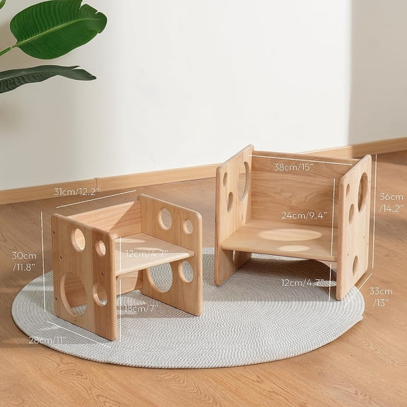 Kids Weaning Table and Chair Set, Montessori Table and Chair Set for Toddler, Natural Solid Wood Activity Table Cube Chair for Drawing Reading, Montessori Furniture for Children
