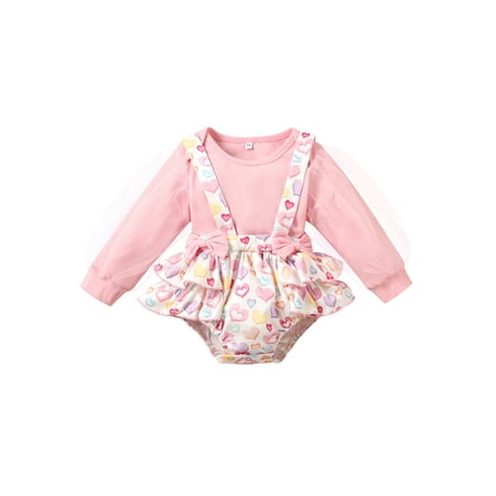 

SUNSIOM Baby Girls Valentine s Outfit Sets Pink Long Sleeve Round Neck Romper + Heart Print Suspender Shorts