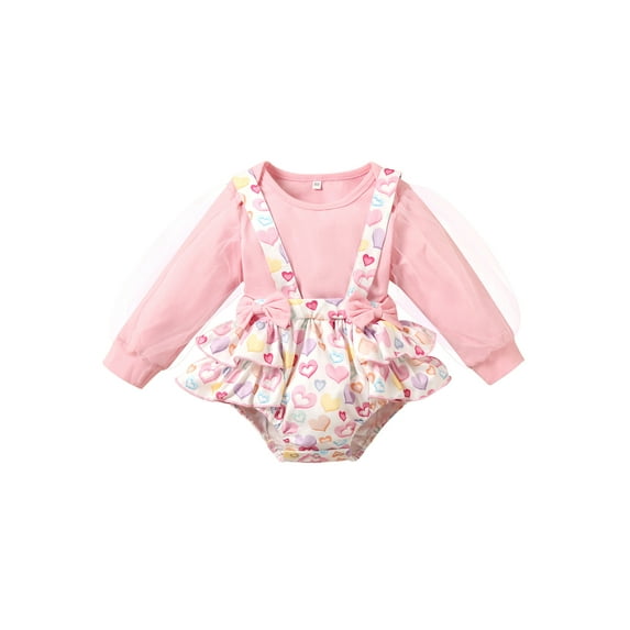 Arvbitana Valentine's Day Outfits for Baby Girl Infant Toddler Romper Print Ruffle Long Sleeve Shirt Top Suspender Shorts Pink