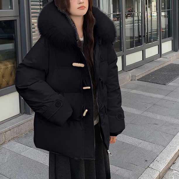 Parkas de manga larga para mujer, con capucha, doble bolsillo y hebilla de cuerno de toro, de moda, de algodón