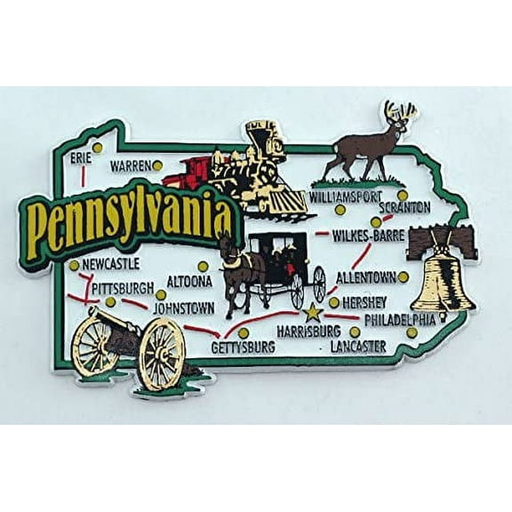 Pennsylvania State Map and Landmarks Collage Fridge Souvenir Collectible Magnet FMC
