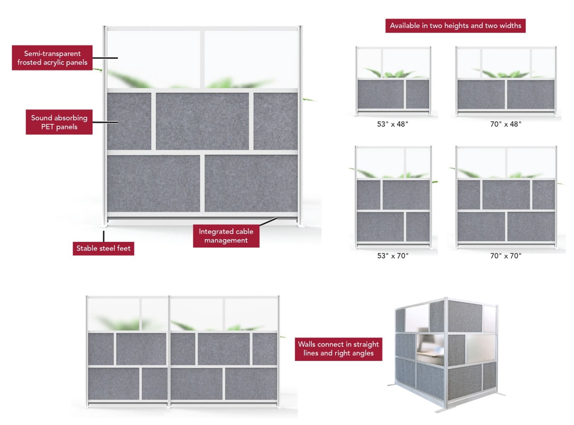 Luxor Freestanding Modular Room Divider Wall System with Built-in Cable Management Tray - 70" x 48" Add-On Wall