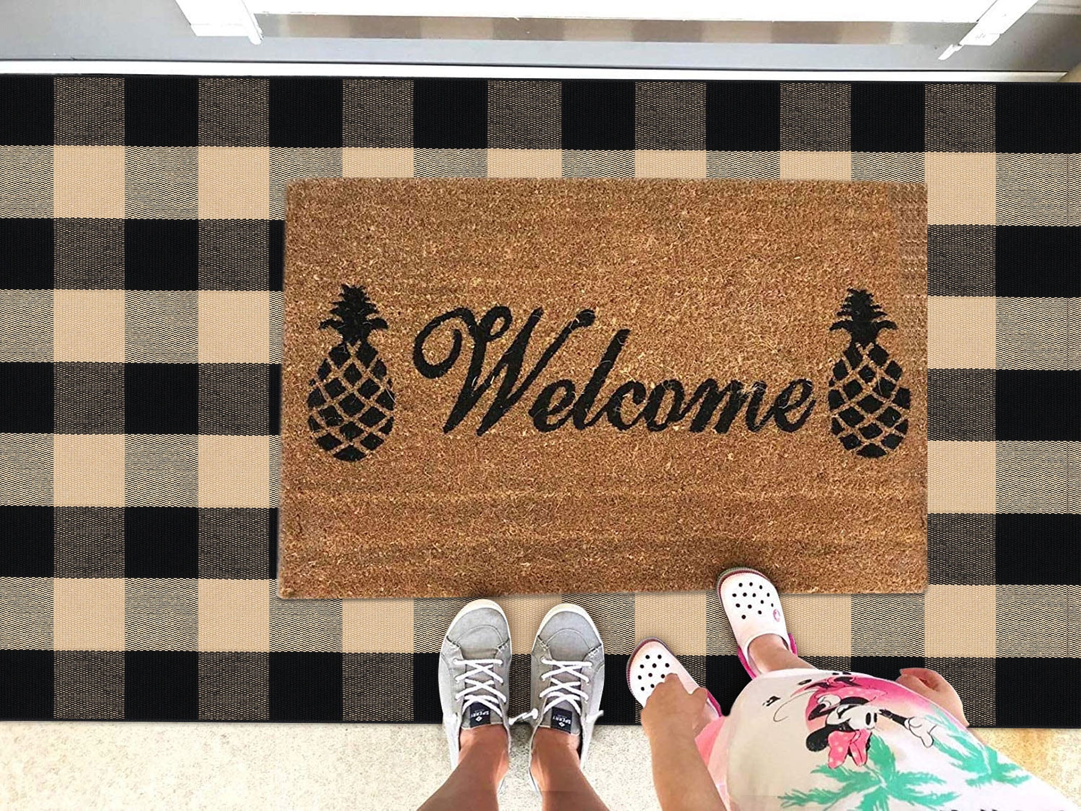 iOhouze Outdoor Rugs Buffalo Plaid Brown and Black 3'x5' Area Rug, Cotton Woven Washable Indoor Outdoor Rug Farmhouse/Living Room/Bedroom/Kitchen Rug Retro Lattice Checkered Rug
