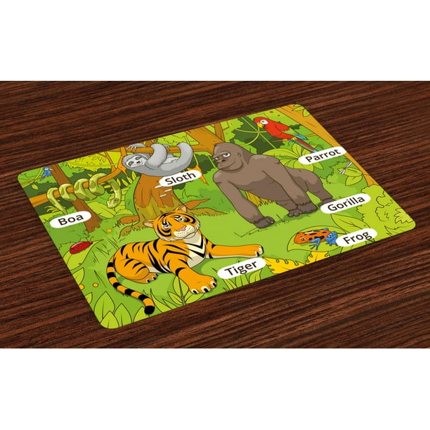 Educational Placemats Set of 4 Jungle Animals Colorful Funny Hand Drawn