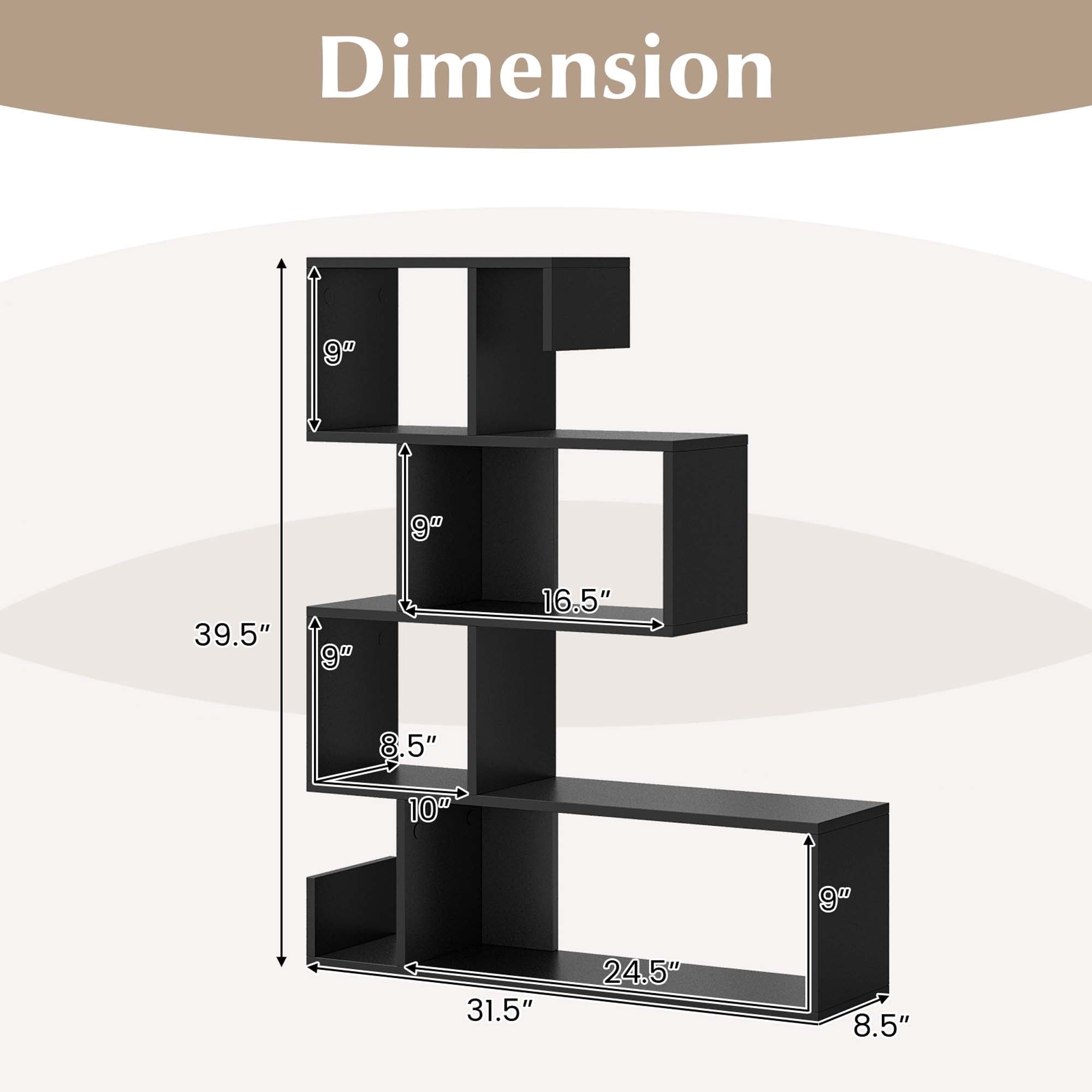 Costway 1 PCS 5-Tier S-Shaped Bookshelf with Open Cubes Anti-Toppling Kits Freestanding Bookcase