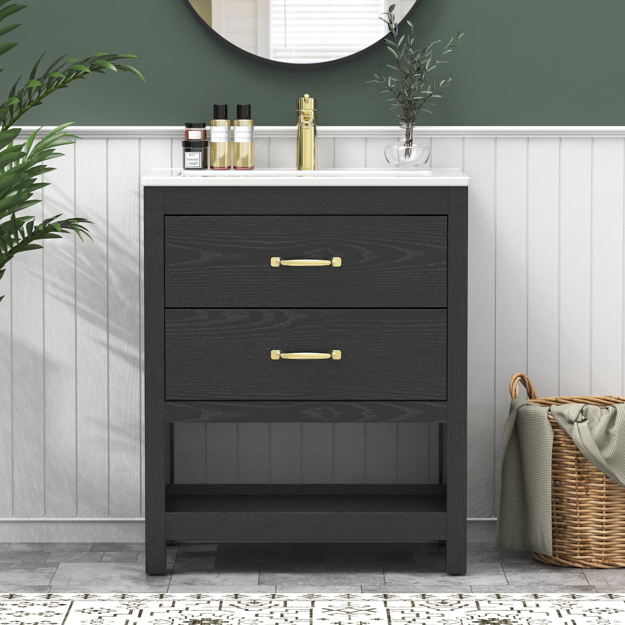 EVOKEDEN 24” Bathroom Vanity with Sink, Modern Bathroom Cabinet Set with LED Light for Small Space, 2 Soft-Close Drawers with Organizer, Black
