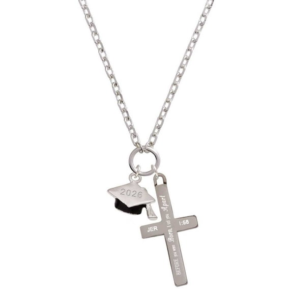 Delight Jewelry Silvertone 3-D Graduation Hat with 2026 I Set You Apart Engraved Cross Zoey Necklace, 28"