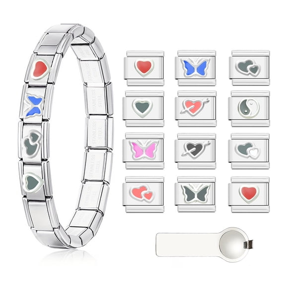 Italian Charms Bracelet Sets with 1Pcs Starter Bracelet 12Pcs Heart & Butterfly Themed Charms 9mm Italian Modular Charm Bracelet Personalized DIY Module Jewelry Gifts