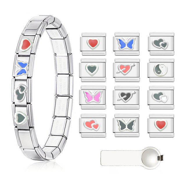Italian Charms Bracelet Sets with 1Pcs Starter Bracelet 12Pcs Heart & Butterfly Themed Charms 9mm Italian Modular Charm Bracelet Personalized DIY Module Jewelry Gifts