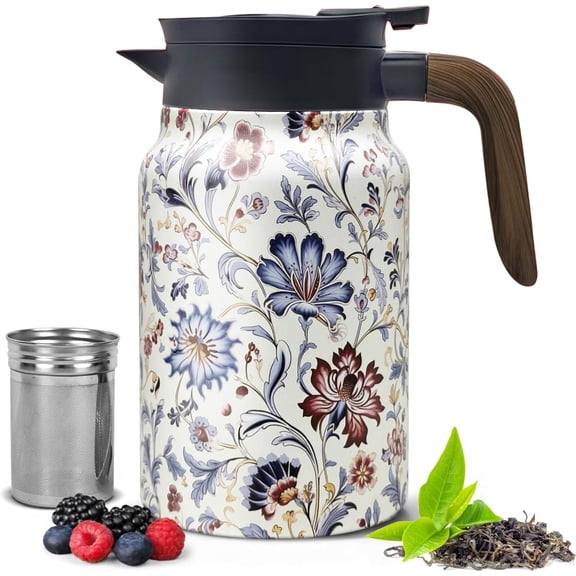 Vintage Floral Pattern Tea-Built-In Infuser, 1500ml/50oz Large Stainless Steel Teapot with Detachable Tea Leaf Holder and Lid, Insulated Thermal Carafe for Home Office Use (P1-1500ml)