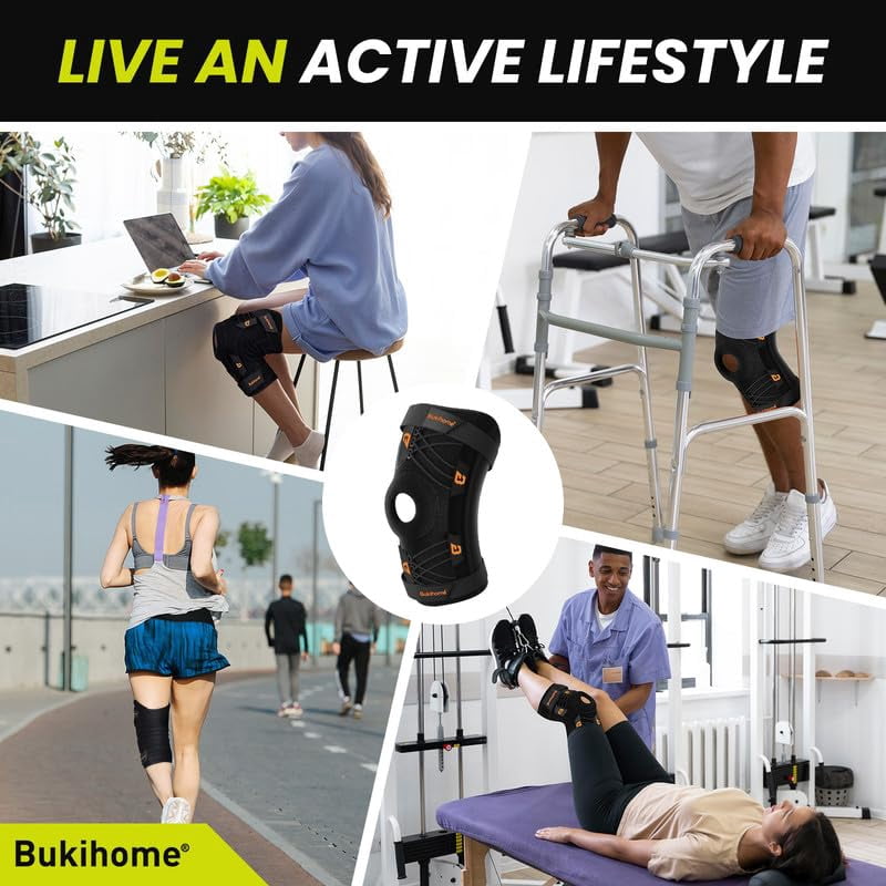 Bukihome Knee Brace Support with Gel Pads & Side Stabilizers, Adjustable Compression for Pain Relief, Meniscus Tear, Arthritis, ACL, MCL. Ideal for Running, Working Out, Sports (Large)