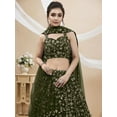 thumbnail image 3 of Readytowearshop Women's Mehndi Green Made-to-Measure Lehenga Choli with Sequin Floral Embroidery, Heart-Shaped Neckline, and Tie-Back Blouse, 3 of 5