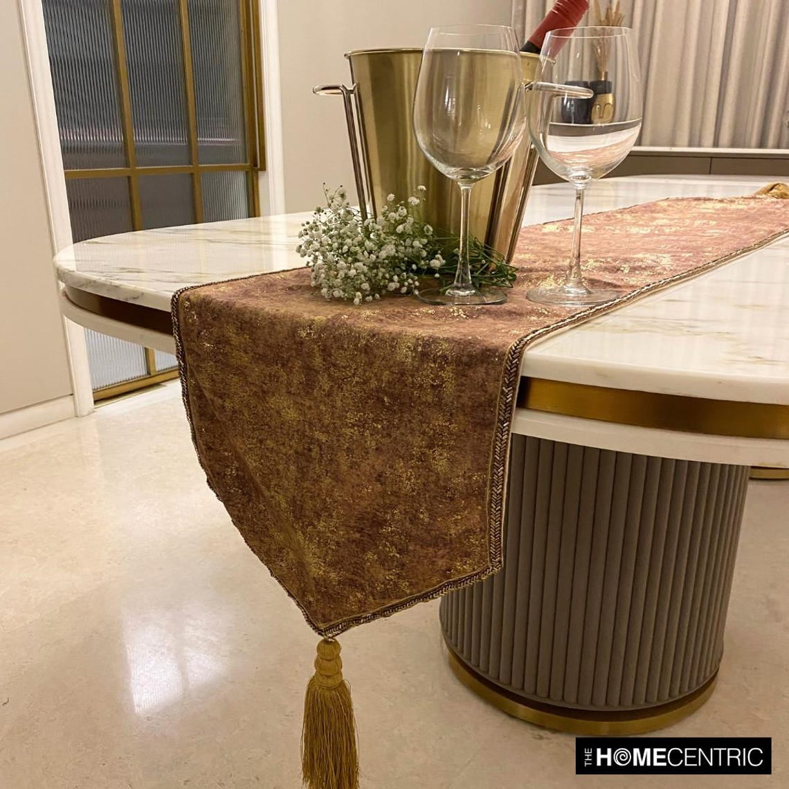 The HomeCentric Decorative Gold Table Runner 6 Seater Table Runner (14 x 72 inch) Foil, Tassels, Suede fabric Table Linen, Abstract Pattern Modern Style - Shimmer Fest Gold