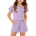 thumbnail image 5 of EnJoCho Girls Summer Outfit 2 Piece Kids Double Sleeve Button T-Shirt Baggy Cotton Elastic Waist Shorts Set Cute Casual Plain Outfit Girls Shirt and Shorts Set Kindergarten Starter Pack, 5 of 6
