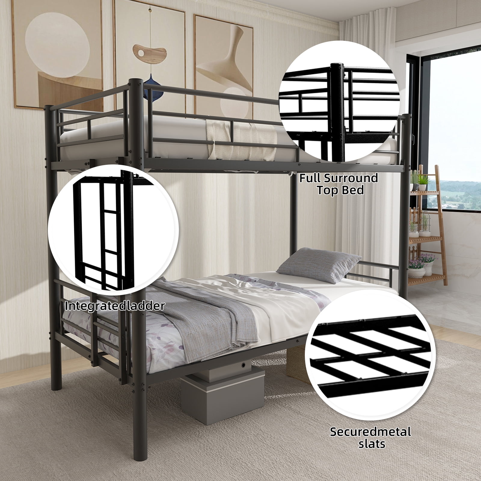Alvantor Bunk Beds Twin over Twin Metal Convertible 2 Beds Heavy-duty Bed Frame for Kids Teens with Ladders & Guardrail Black