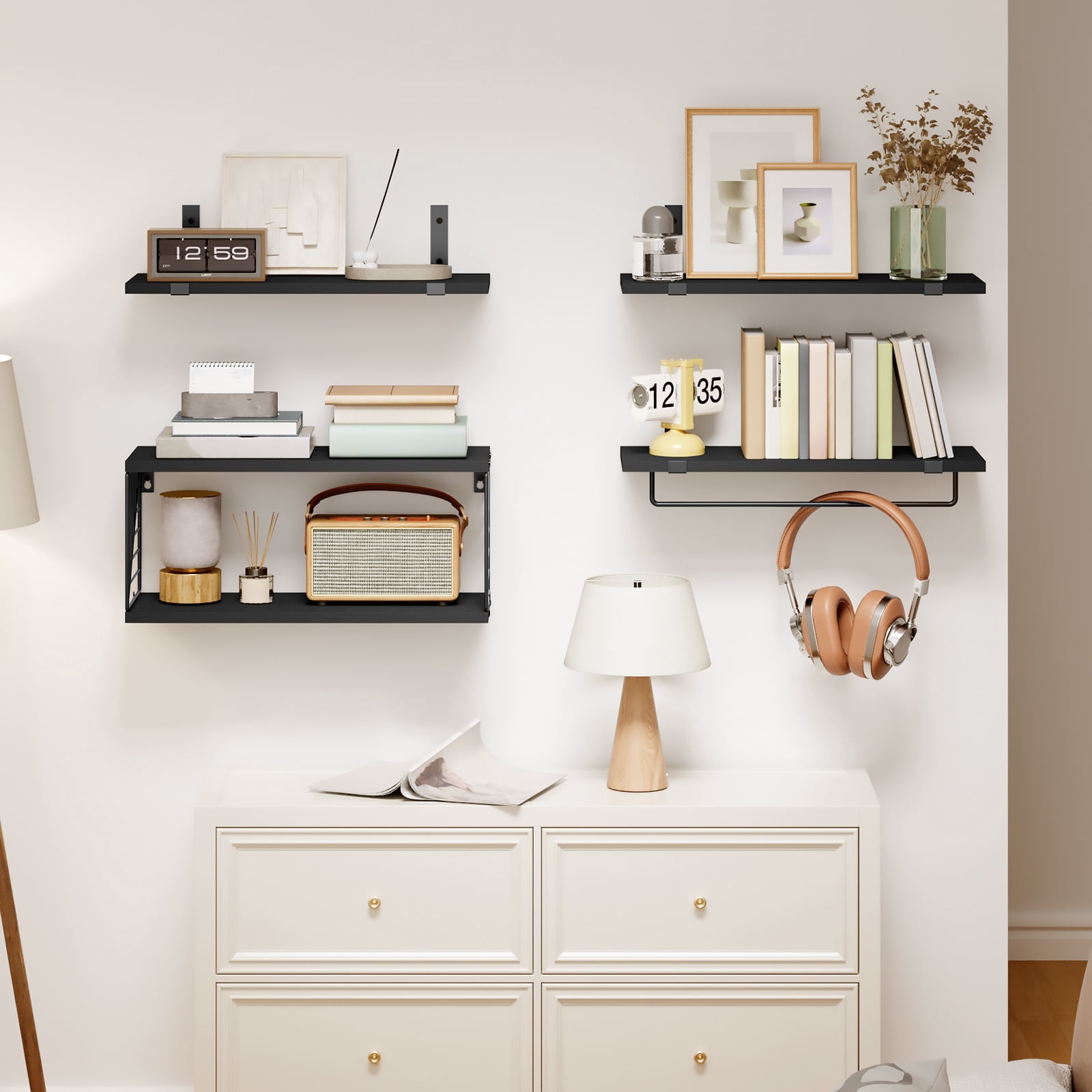 Fairy 4+1 Tier Bathroom Floating Shelves Over Toilet, 15.8in Wall Shelves for Bathroom, Living Room, Bedroom and Kitchen (Black)