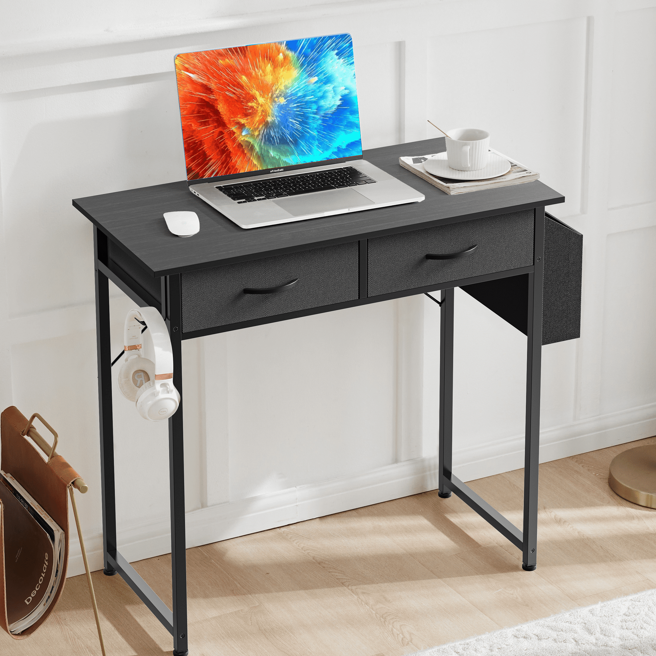 CONCETTA 32 inch Small Computer Desk with Fabric Drawers & Storage Bag Iron Hook for Bedroom, Black