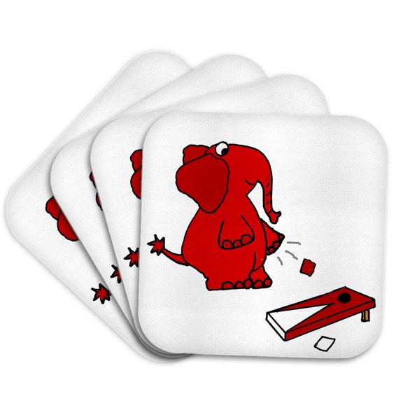 3drose, Funny Cute Elephant Playing Cornhole Game Sports Cartoon, Set of 4 Coasters - Soft
