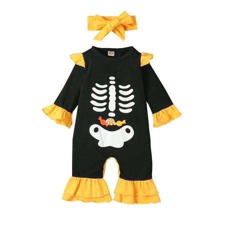 

Halloween Infant Baby Girl Outfit Long Sleeve Skull Candy Pattern Romper Jumpsuit Bow Hairband Set