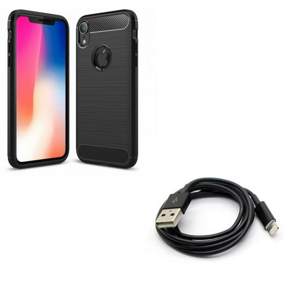 Case w 6ft USB Cable for iPhone XR - Carbon Fiber Slim Fit Cover Reinforced Bumper Shock Absorbent, Charger Cord Power Wire Long Sync Compatible With iPhone XR