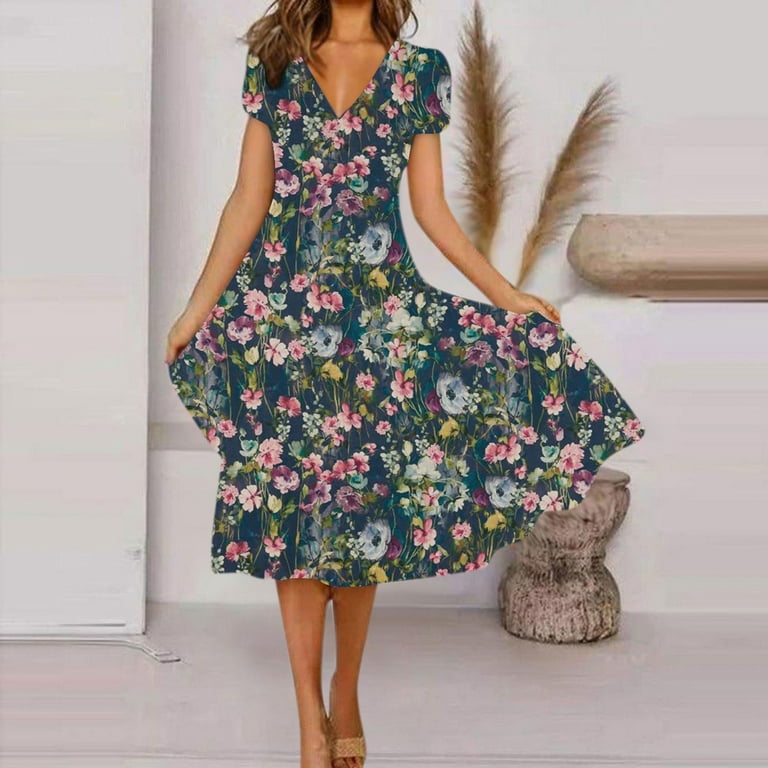 KSCYKKKD Dresses for Women Female V-Neck Short Sleeve Floral Maxi