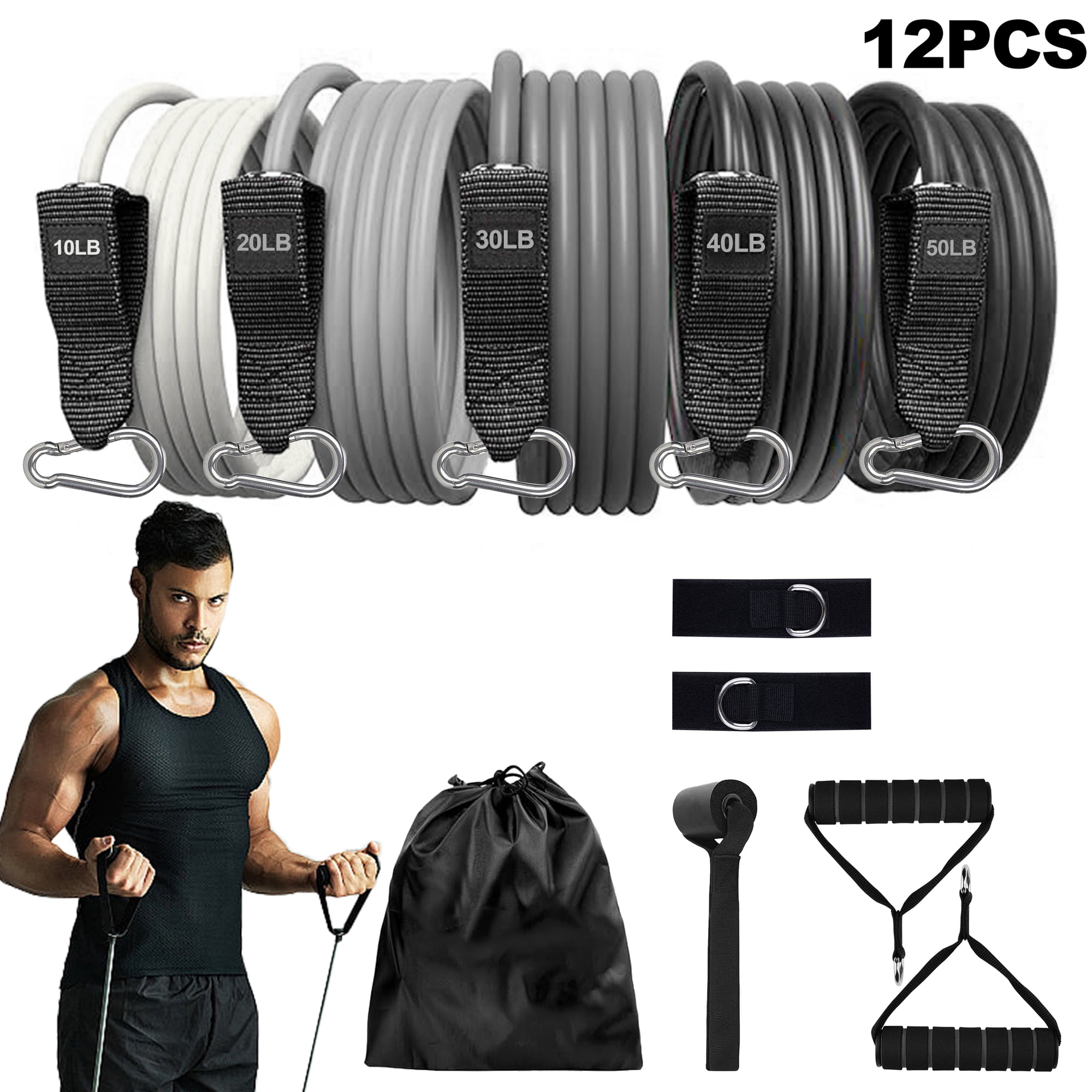 150LBS 12PCS KAMIDA Resistance Bands Set with Handles,Exercise Fitness Bands Workout Bands with Door Anchor and Ankle Straps, for Heavy Resistance Training, Physical Therapy, Pull up,Home Workouts