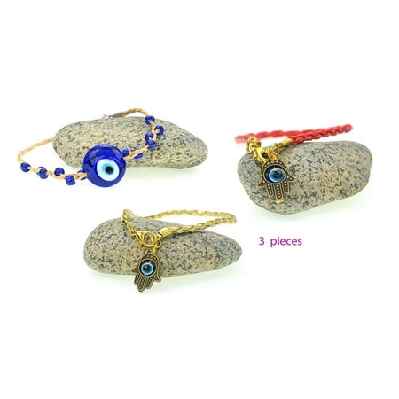 Red String Evil Eye Kabbalah Red, Yellow, Hemp, String Braided Bracelets - Rotating Evil Eye, Hamsa Hand Pendant, Goldtone, Protection Jewelry, Luck Charm, Antique Fashion, 3 Pieces ()